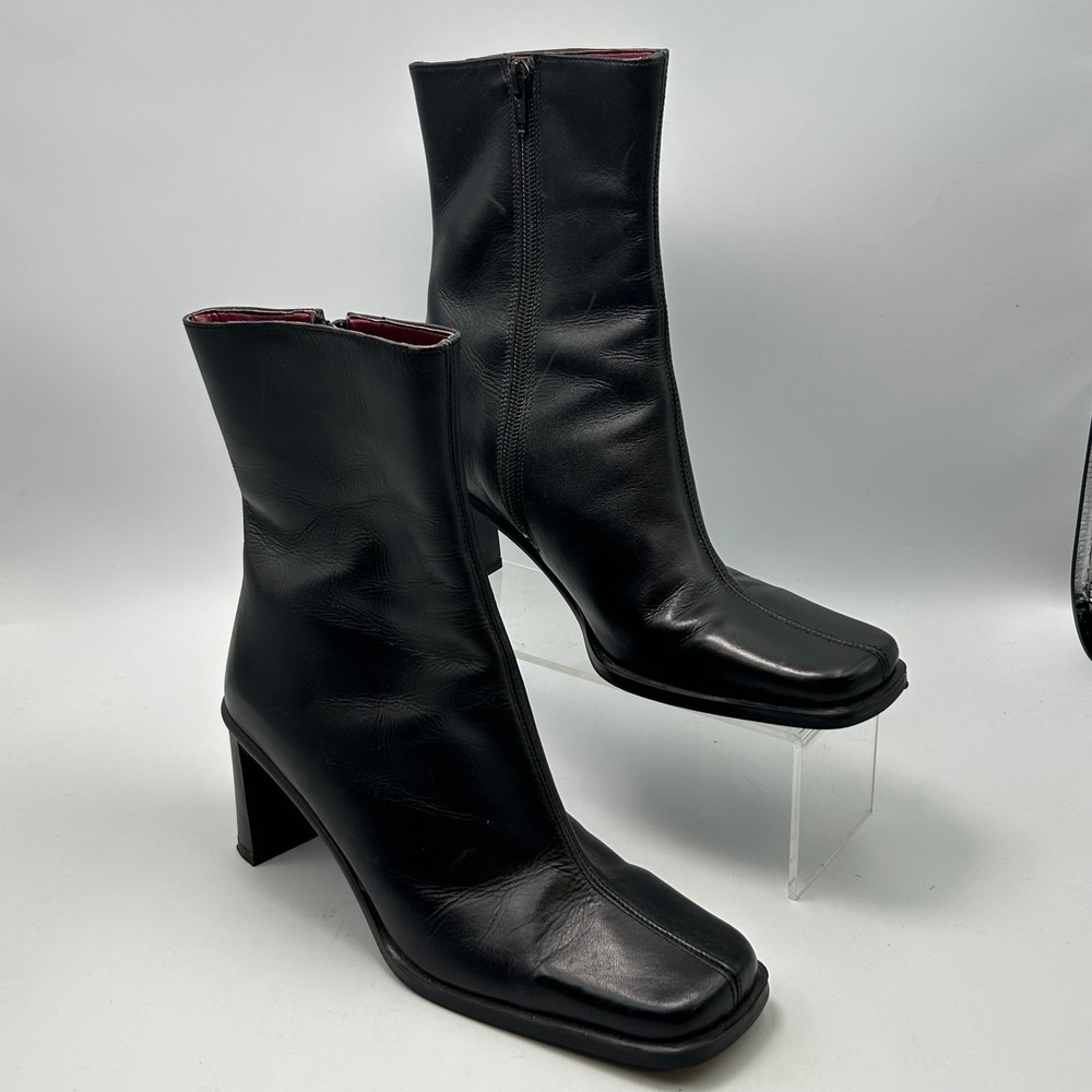 Casual Corner Treviso Boots Womens 7 Black Leather Square Toe Block Heel Y2K 90s